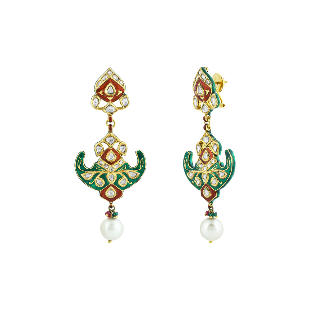 Polki Earrings with Green-Red Enamel, Floral Motif and Pearls